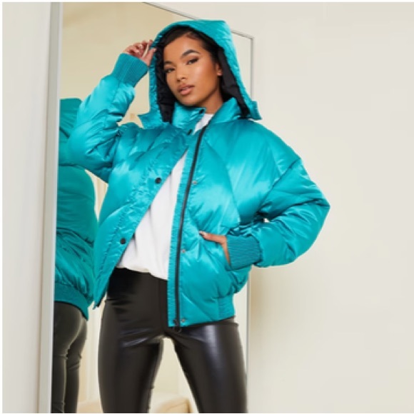 Pretty Little Things Green Satin Quilted Cuff Hem Puffer Jacket removable hood 6 - Picture 3 of 16